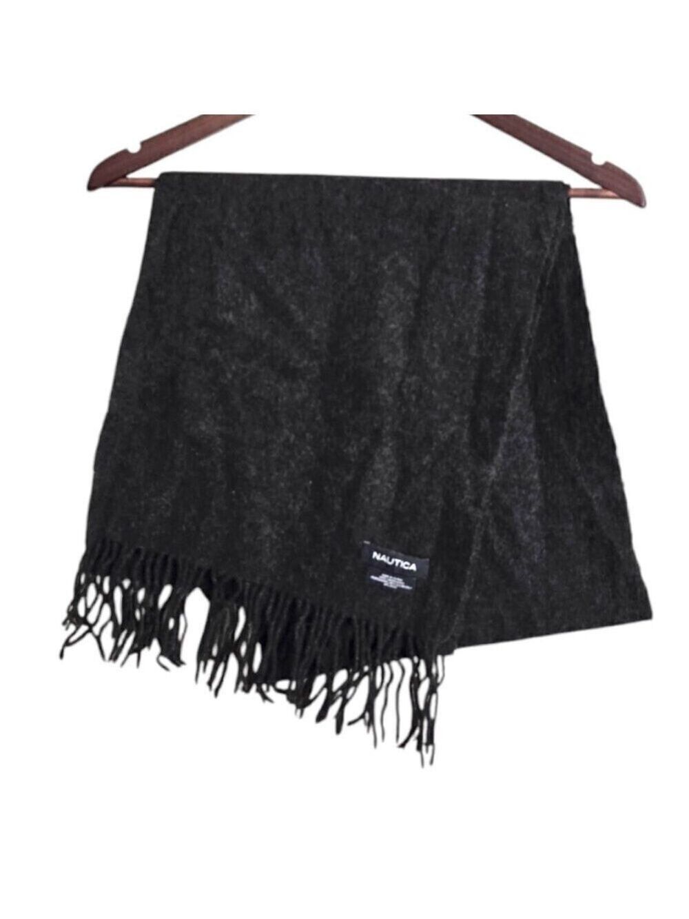 Nautica Gray 100% Lambswool Wide Fringe Scarf